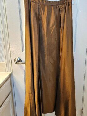 Elegant Bronze/Copper Silk Satin Maxi Skirt - Pleated A-Line Size 12